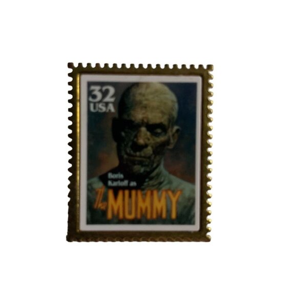 The Mummy Boris Karloff Classic Movie Monsters Vintage Postage Stamp Pin - Picture 2 of 5